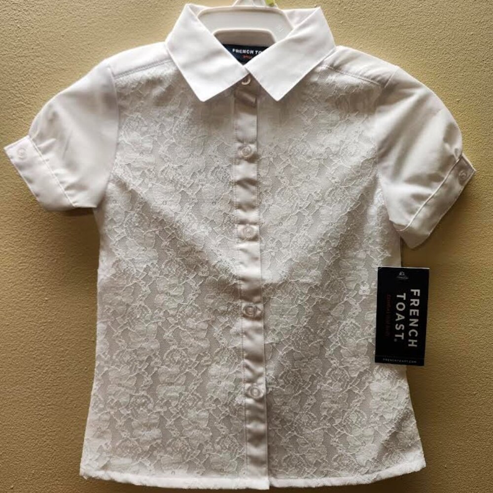 French Toast SE9379 Girls Short Sleeve Lace Button Down White